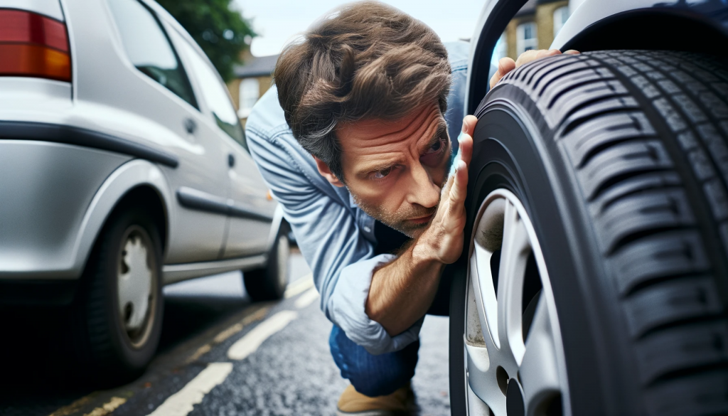 Man looking at used car checking its tyres are ok